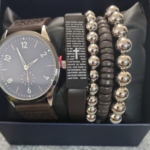 Stylish Brown and Silver Watch with Bracelet Set- Lords Prayer